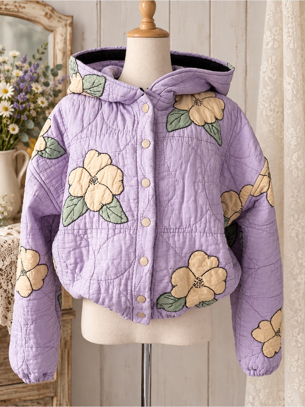 Handmade 🪡 🧵 upcycled Antique Flower Quilt Bomber Jacket